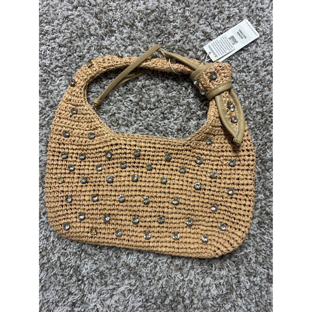 Urban Expressions Natural Woven Straw Crystal Embellished Hobo Bag NWT